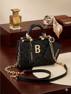 BEBE Black Woven Mini Top-Handle Bag with Gold Hardware